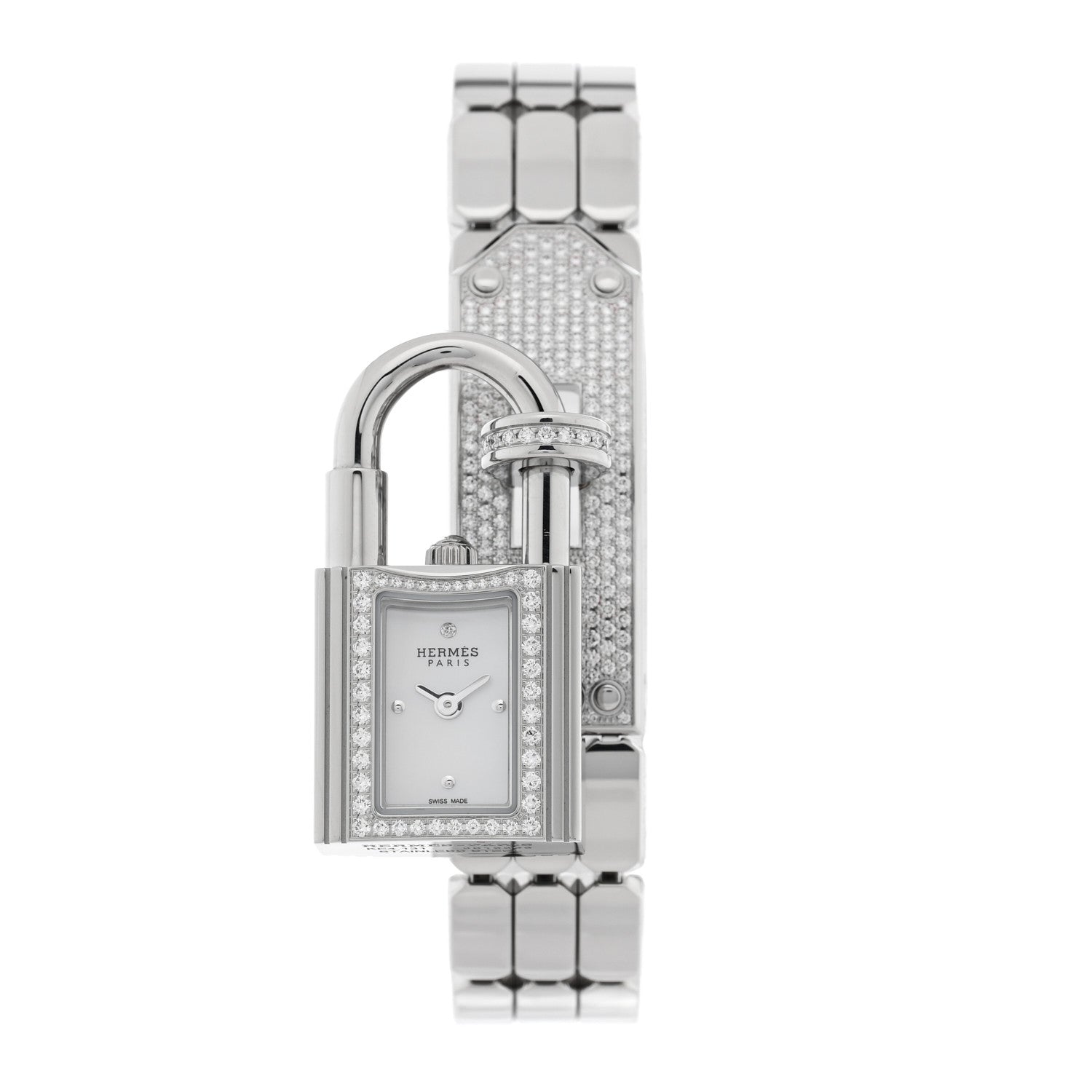 Hermes Stainless Steel Diamond Pave 16mm Kelly Quartz Watch 1 of 5