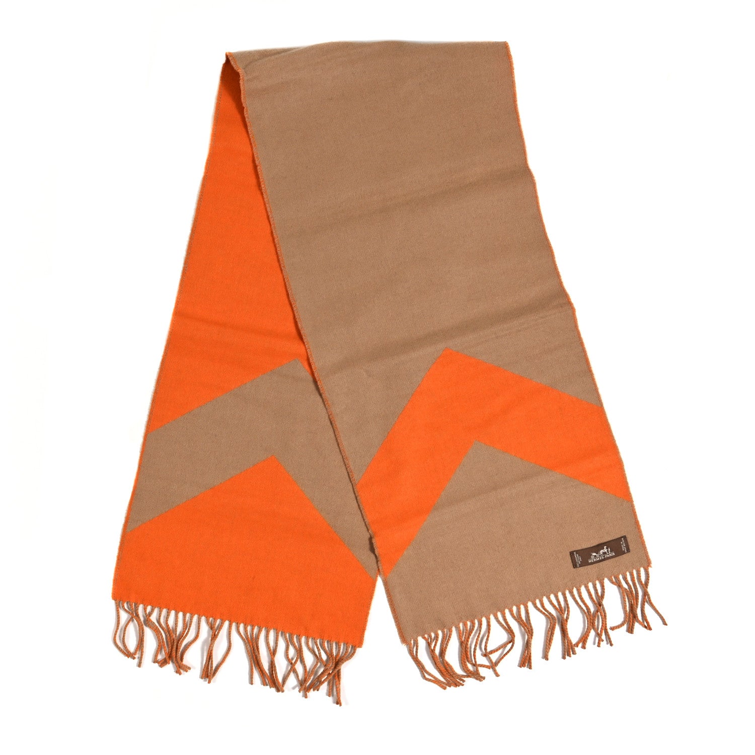 Hermes Cashmere Casaque Chevron Muffler Camel Mandarine 2 of 3