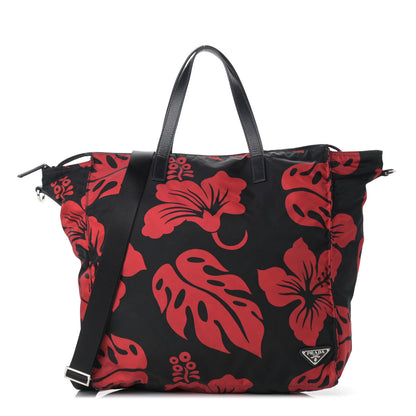 Prada Tessuto Nylon Saffiano Hibiscus Print Tote Black Rosso 1 of 13