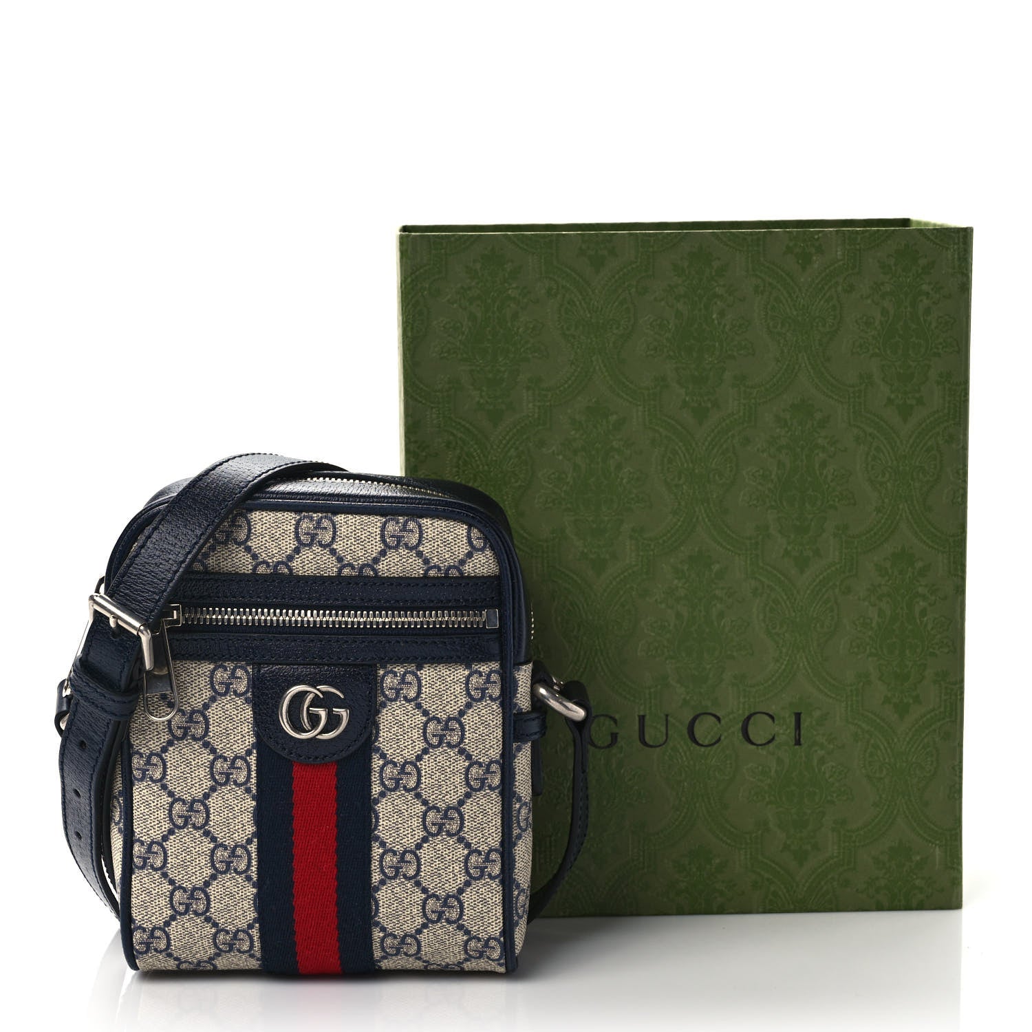Gucci GG Supreme Monogram Textured Calfskin Web Mini Ophidia Messenger Beige Blue 10 of 10