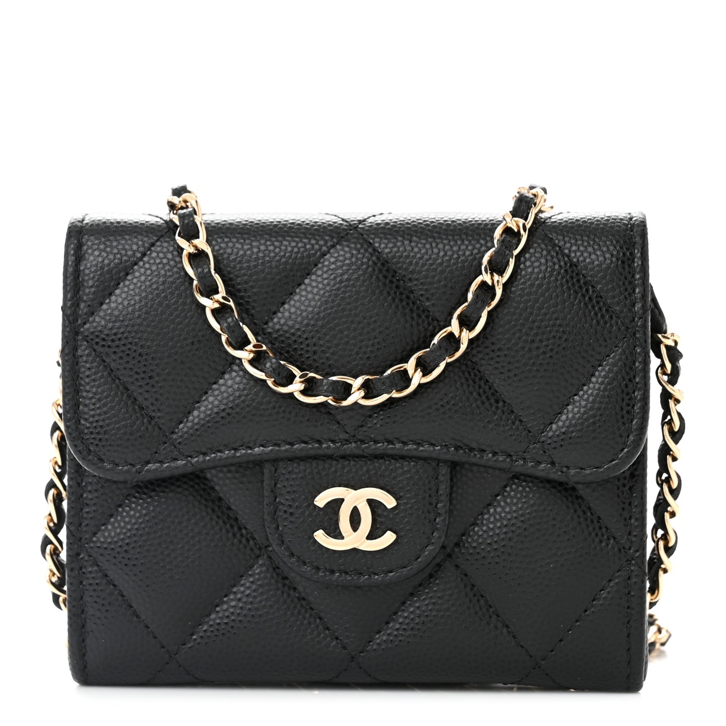 Caviar Quilted Flap Card Holder On Chain Black