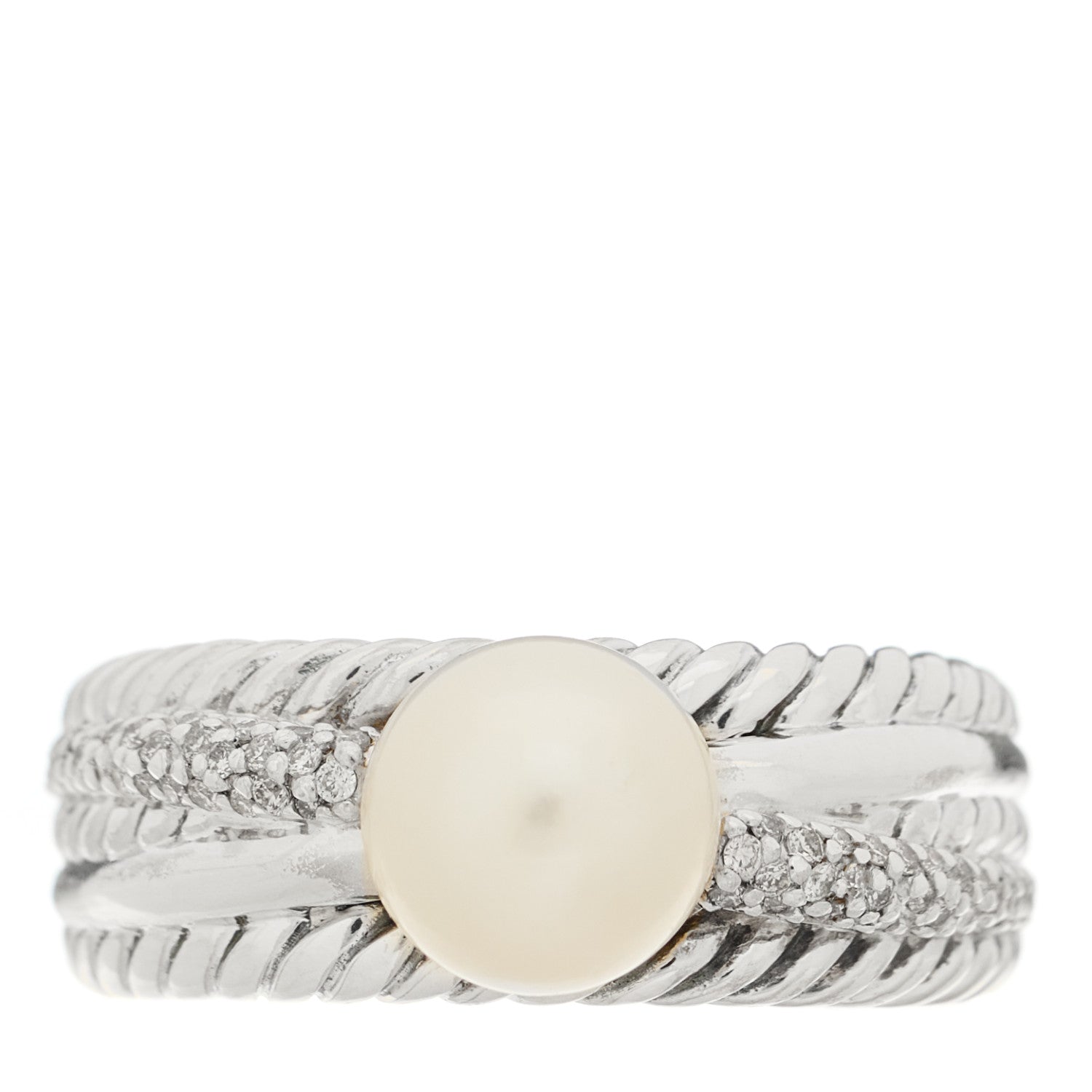 David Yurman Sterling Silver Diamond Pearl Cable Crossover Ring 54 7 1 of 4