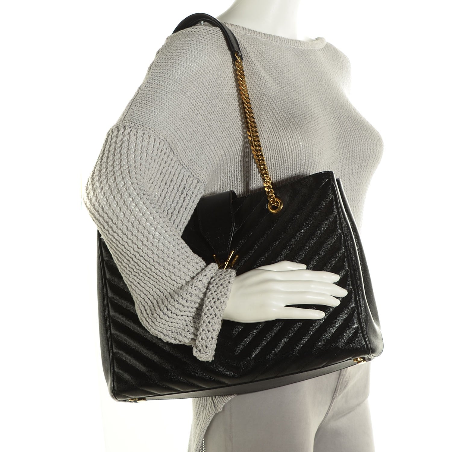 Saint Laurent Grain De Poudre Matelasse Chevron Monogram Shopping Bag Black 2 of 8