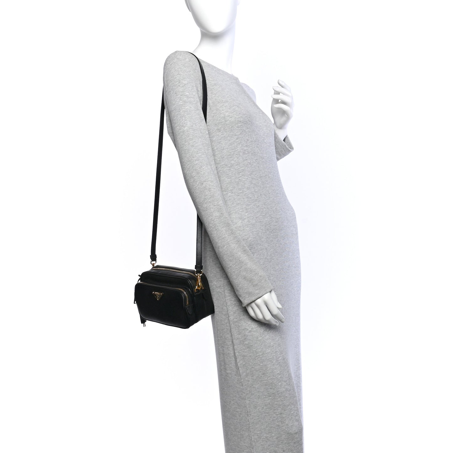 Saffiano Lux Double Zip Crossbody Bag Black