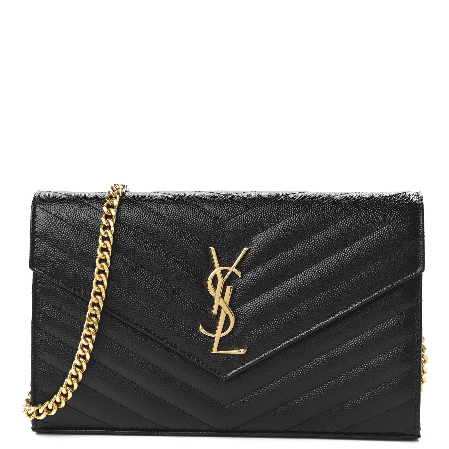 Saint Laurent Grain De Poudre Matelasse Chevron Monogram Chain Wallet Black 1 of 9