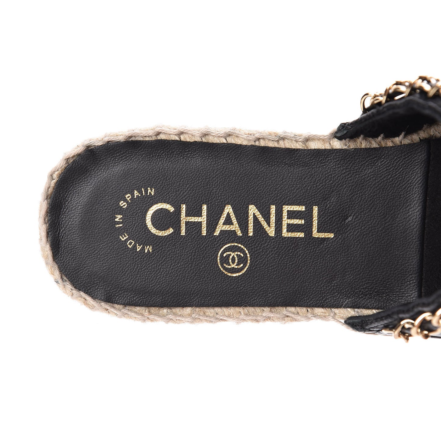 Lambskin Grosgrain Quilted CC Chain Espadrille Mules 36 Black