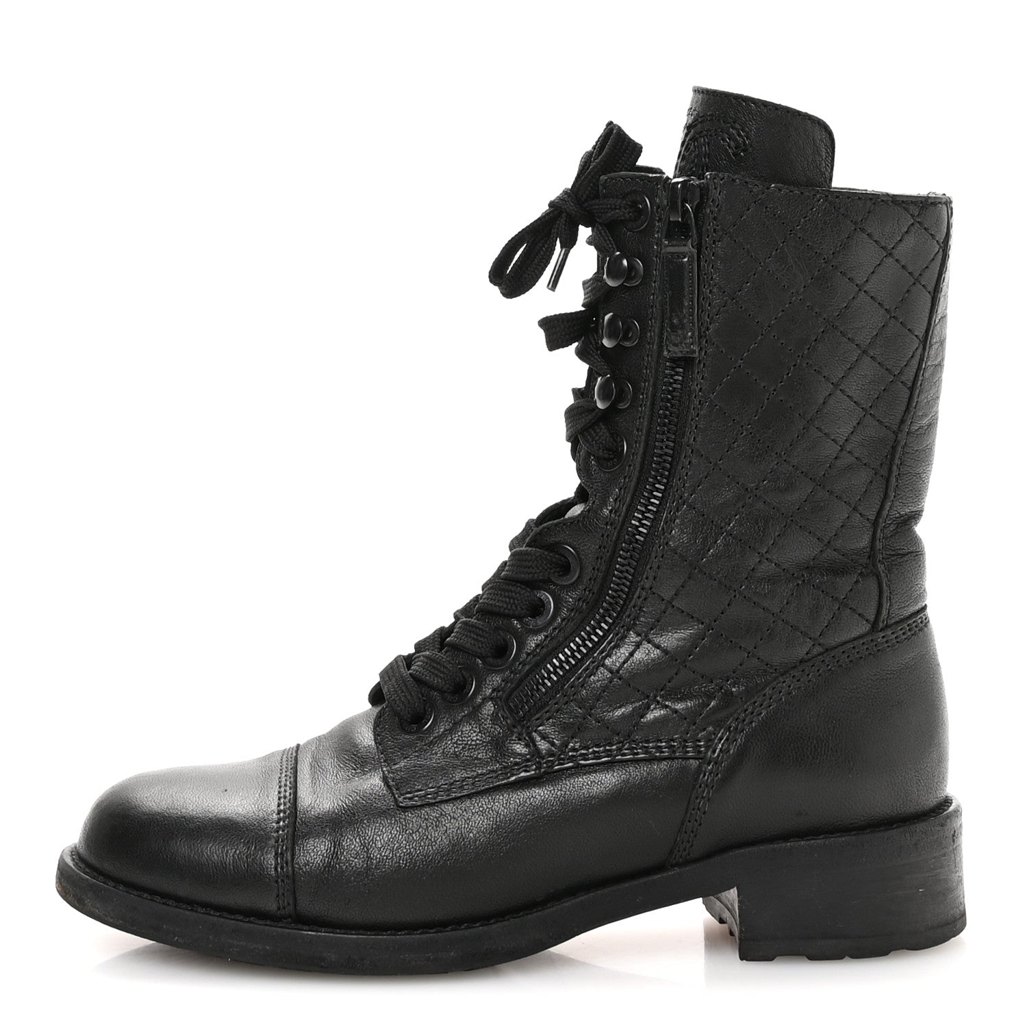 Chanel Sheepskin Quilted CC Tall Lace Up Combat Boots 38.5 Black 1 of 8