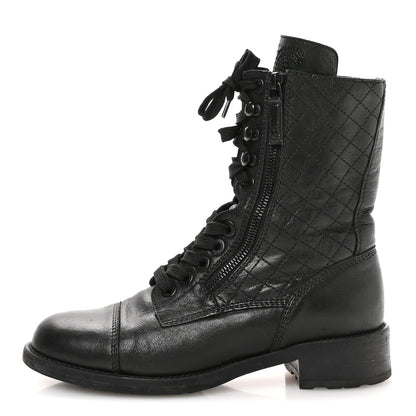 Chanel Sheepskin Quilted CC Tall Lace Up Combat Boots 38.5 Black 1 of 8
