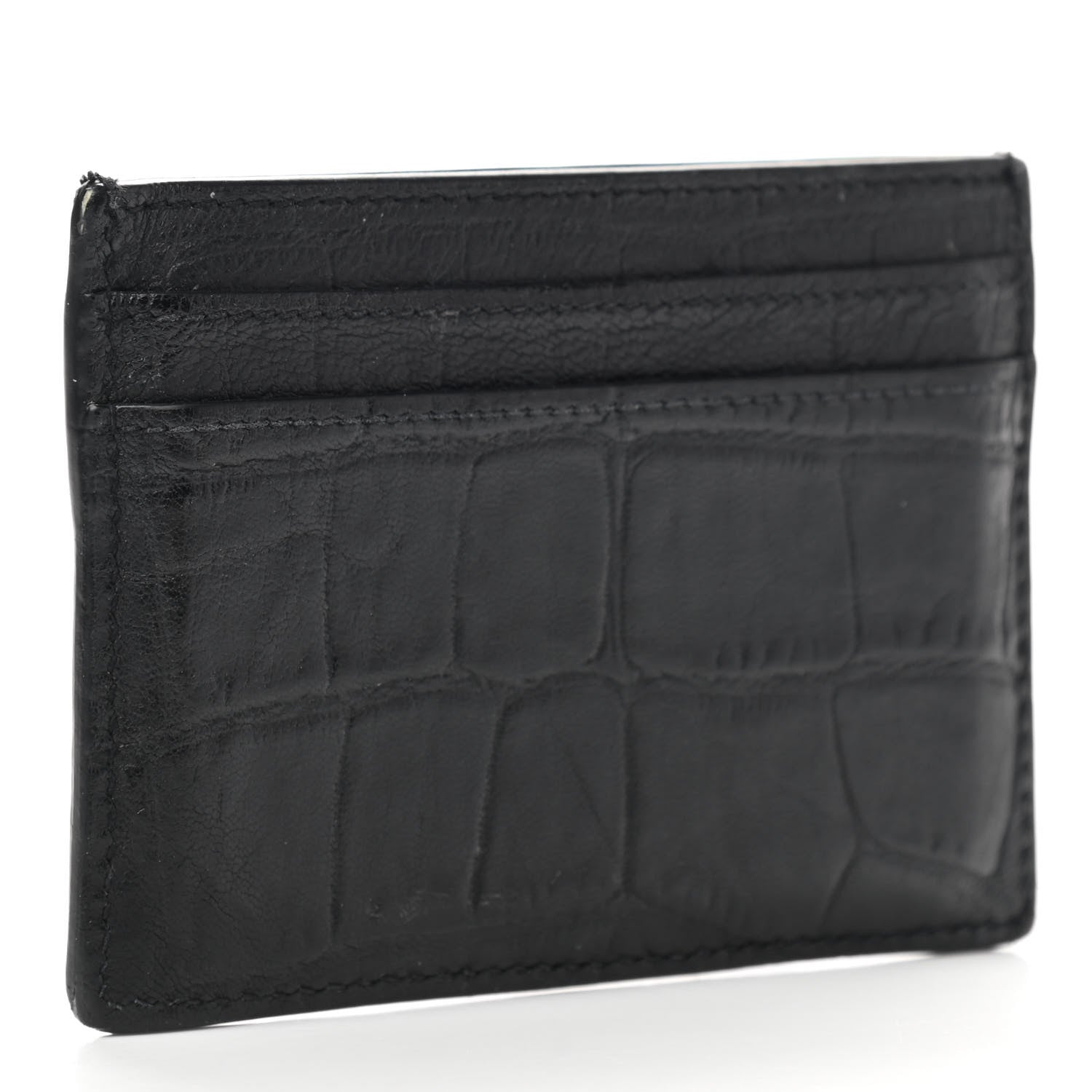 Saint Laurent Calfskin Crocodile Embossed Monogram Credit Card Case Black 2 of 9