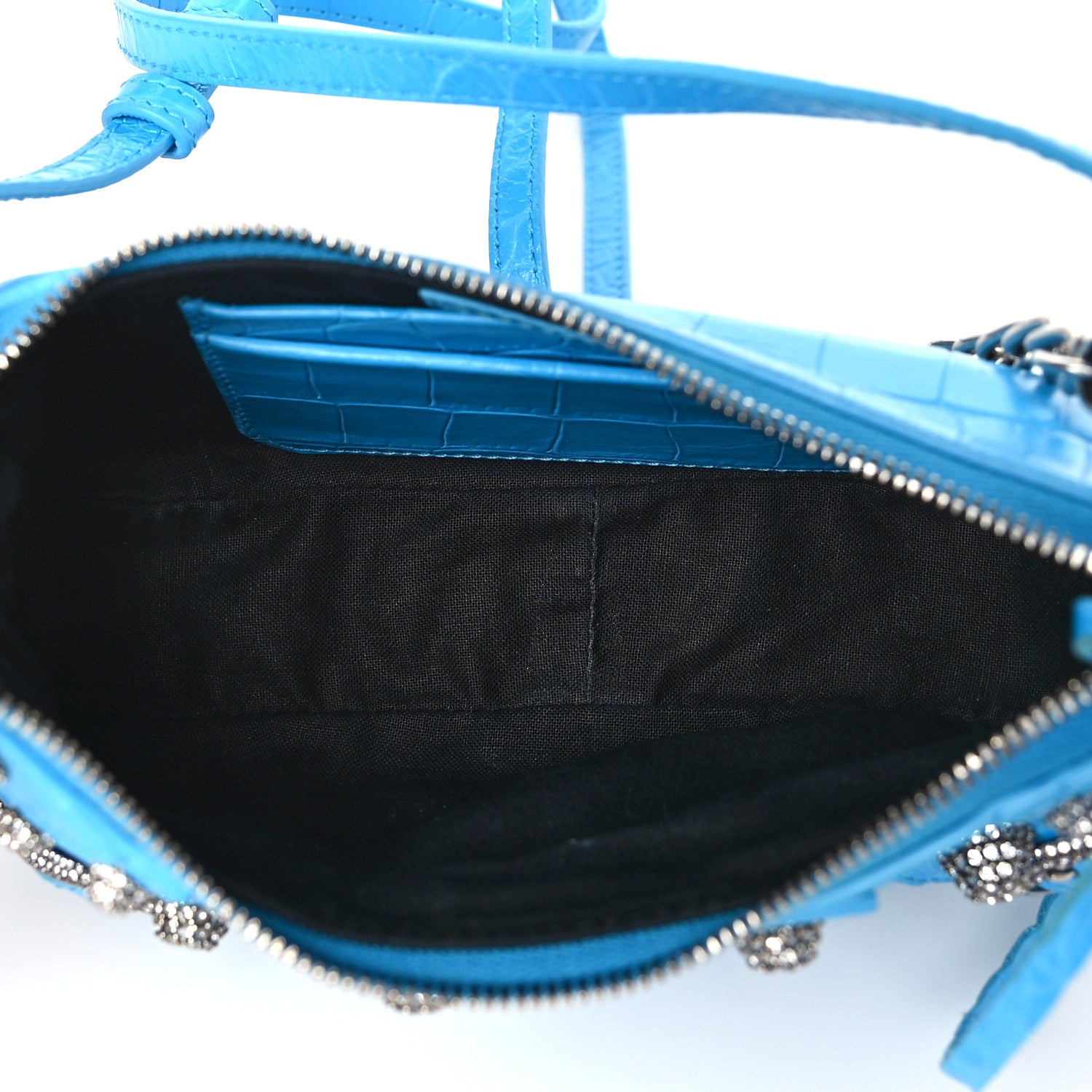 Balenciaga Extra Supple Calfskin Crocodile Embossed Crystal Mini Le Cagole Purse With Chain Cyan 5 of 9