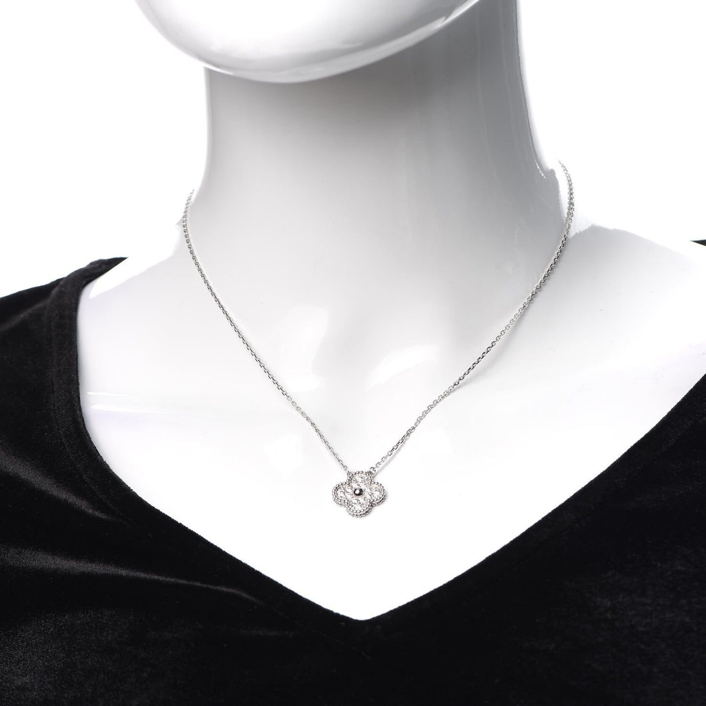 18K White Gold Diamond Vintage Alhambra Pendant Necklace