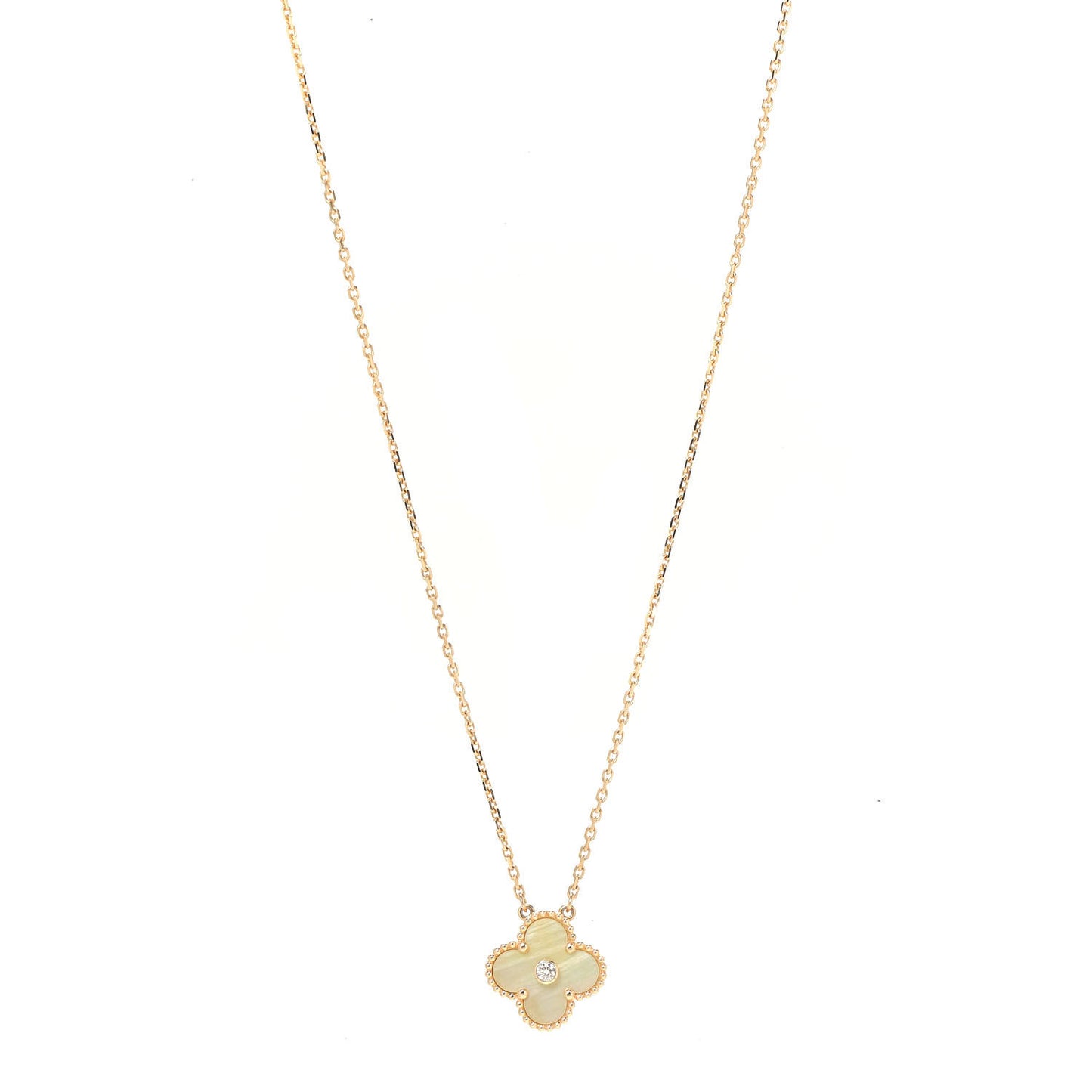 18K Yellow Gold Diamond Yellow Mother of Pearl Vintage Alhambra Pendant Necklace