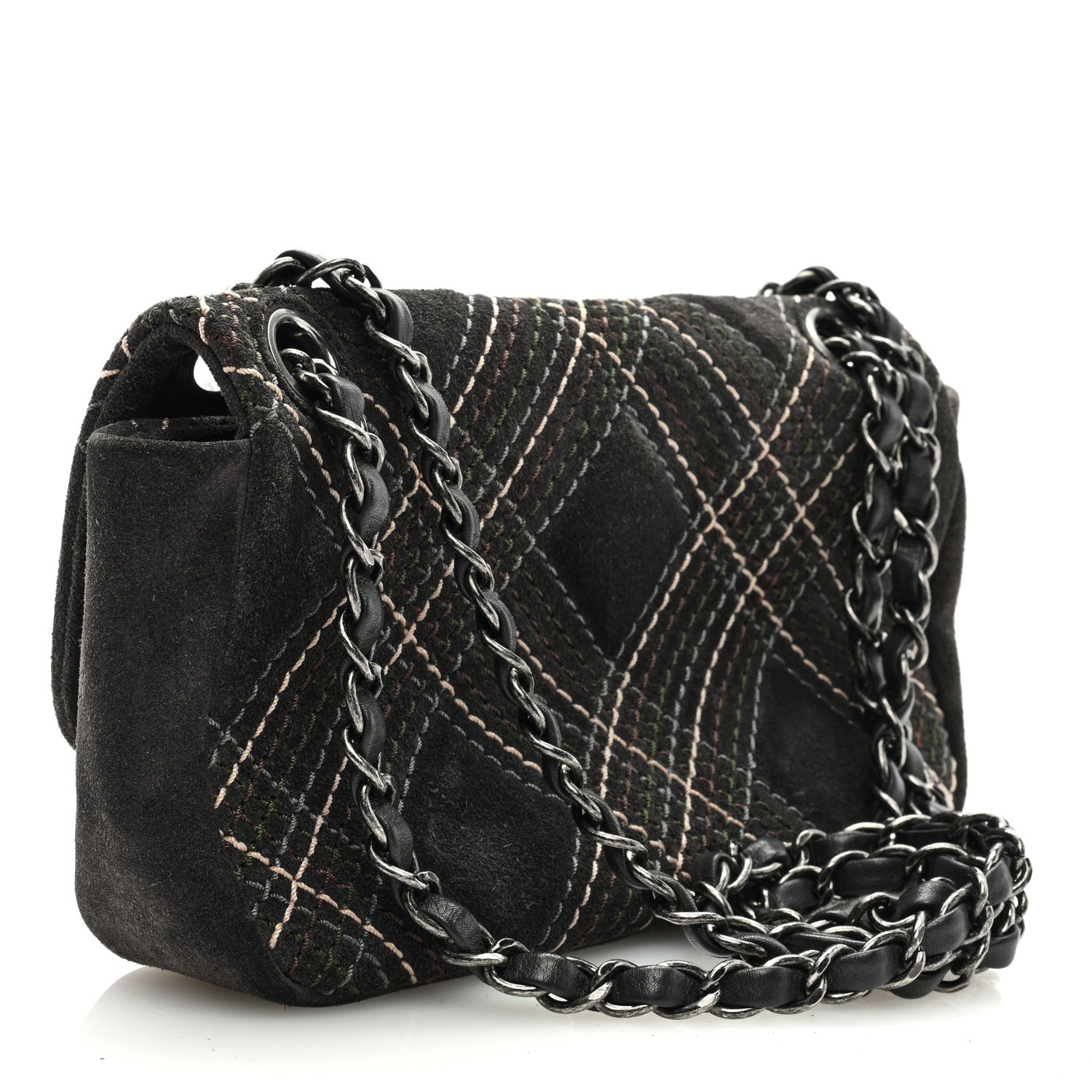 Chanel Suede Stitched Medium Saltire Single Flap Grey 3 of 9