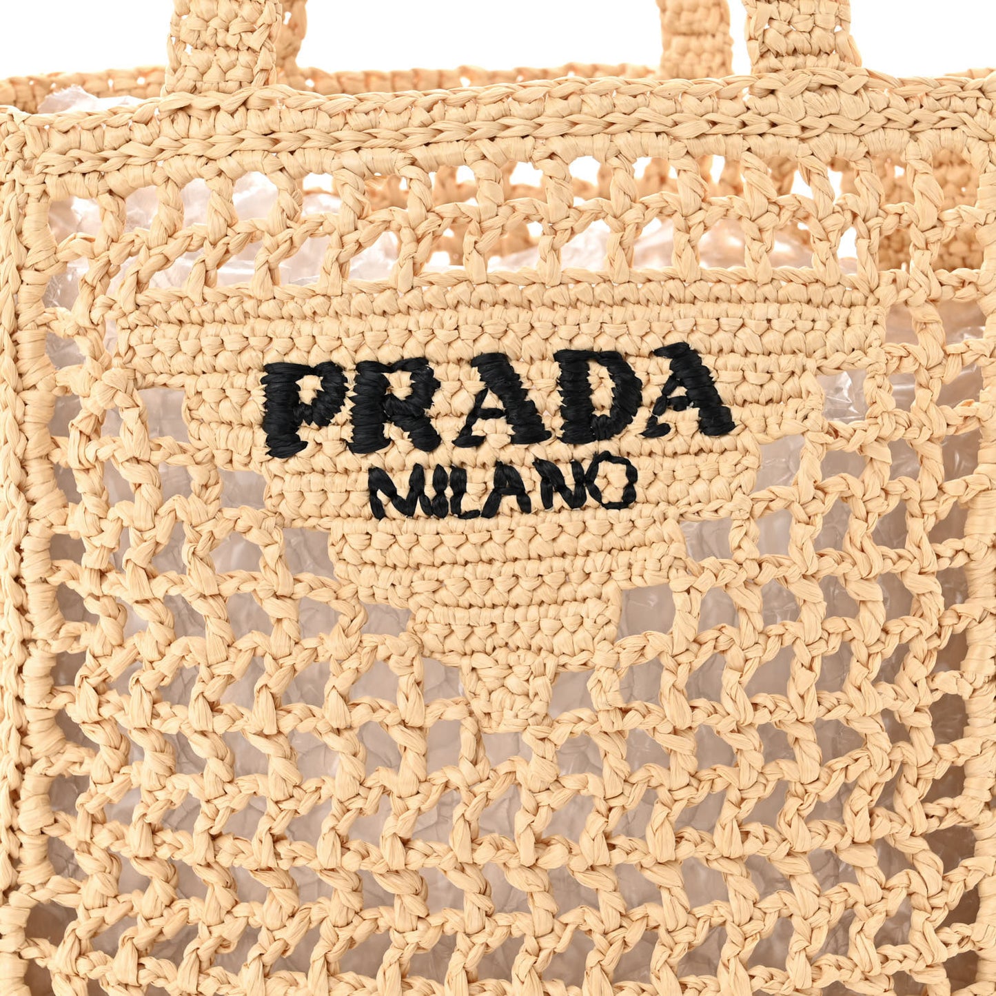Yarn Raffia Effect Crochet Logo Embroidered Small Tote Bag Naturale