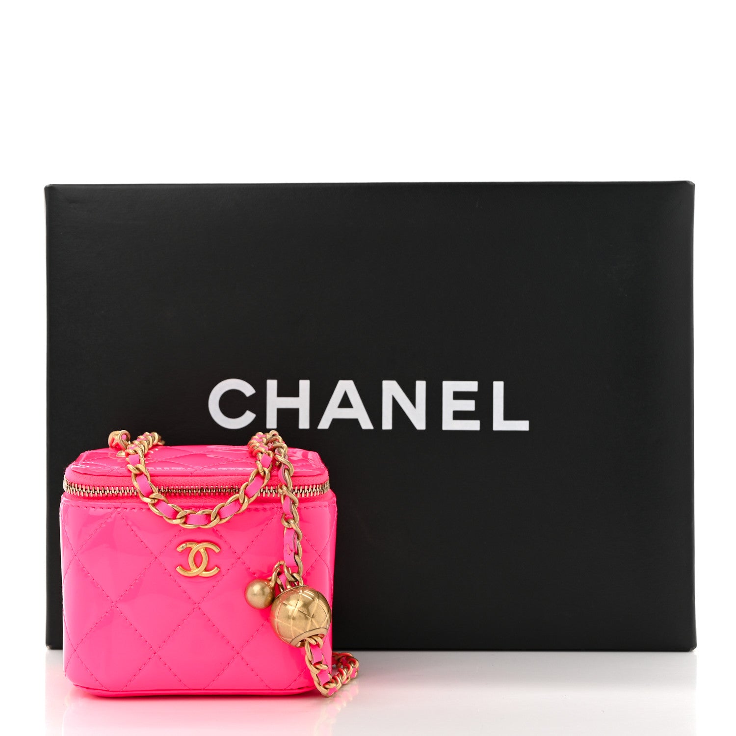 Chanel Patent Quilted Pearl Crush Mini Vanity Case With Chain Neon