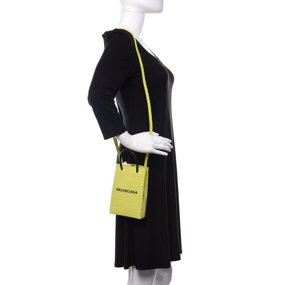 Balenciaga Calfskin Crocodile Embossed Logo Shopping Phone Holder Bag Lime 2 of 9