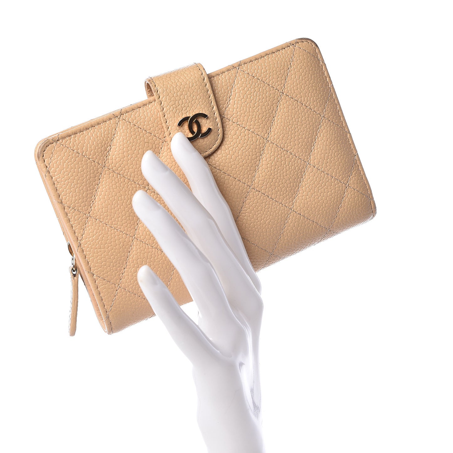 Caviar Quilted Zipped Pocket Wallet Beige