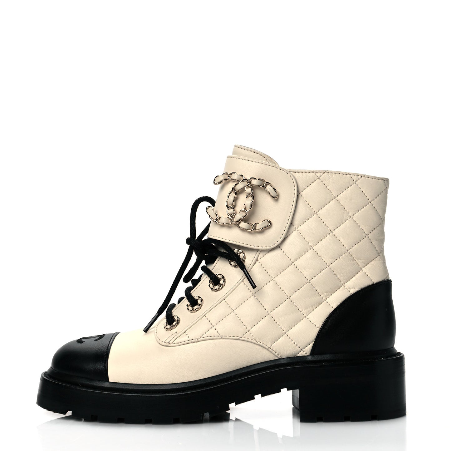 Shiny Goatskin Calfskin Quilted Lace Up Combat Boots 37 Ivory Black