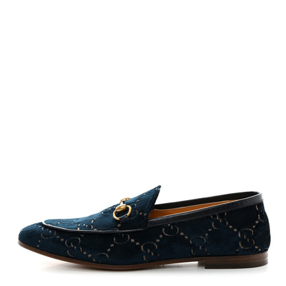 Gucci Velvet GG Monogram Horsebit Mens Jordaan Loafers 9.5 Blue Beige 1 of 9
