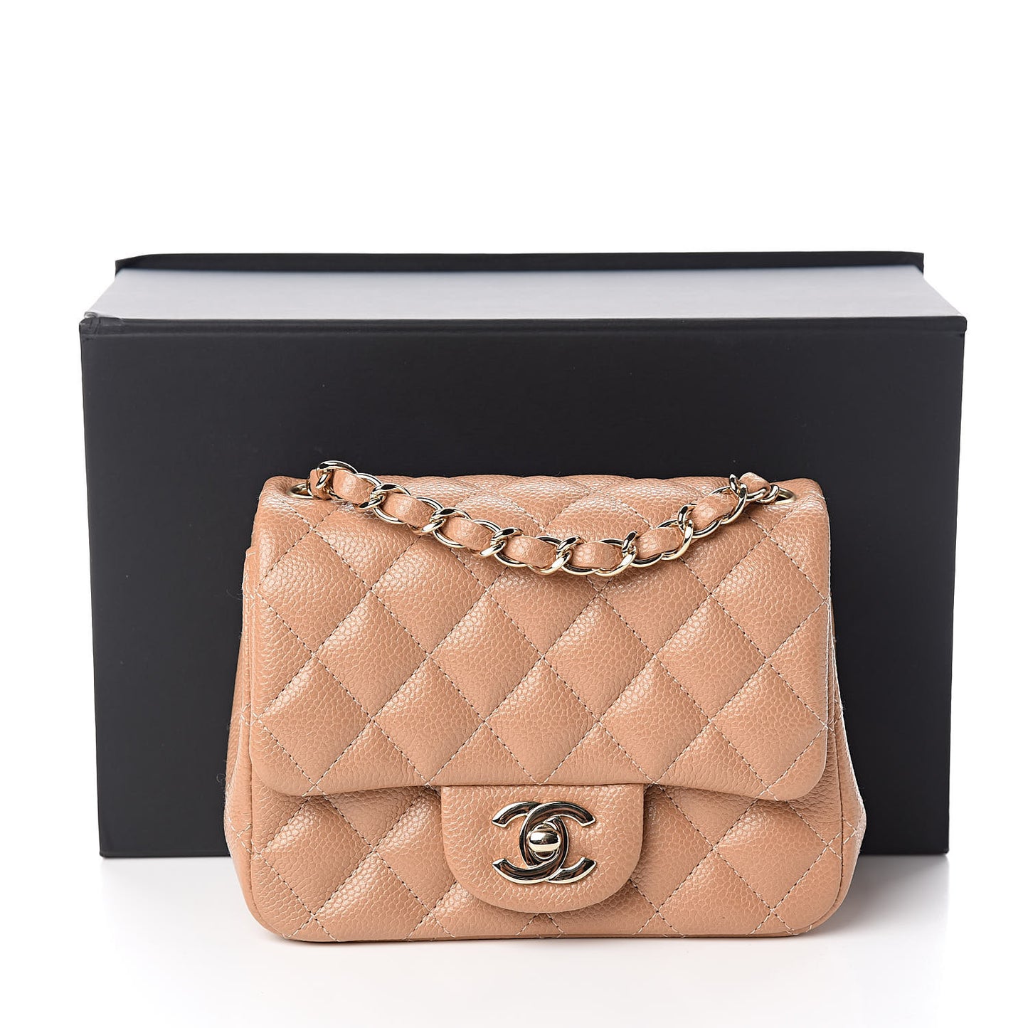 Iridescent Caviar Quilted Mini Square Flap Beige