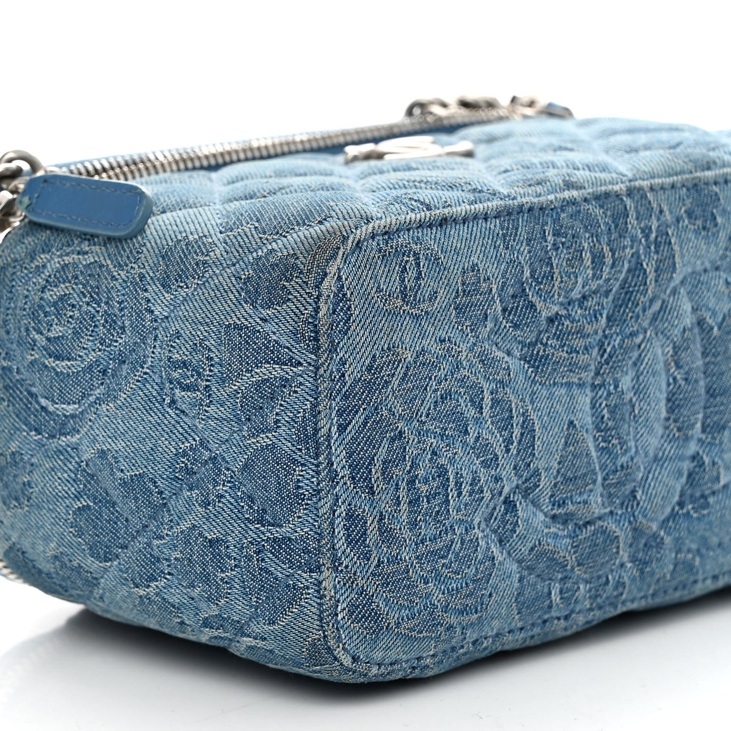 Denim Quilted Sweetheart Small Vanity Case With Chain Blue