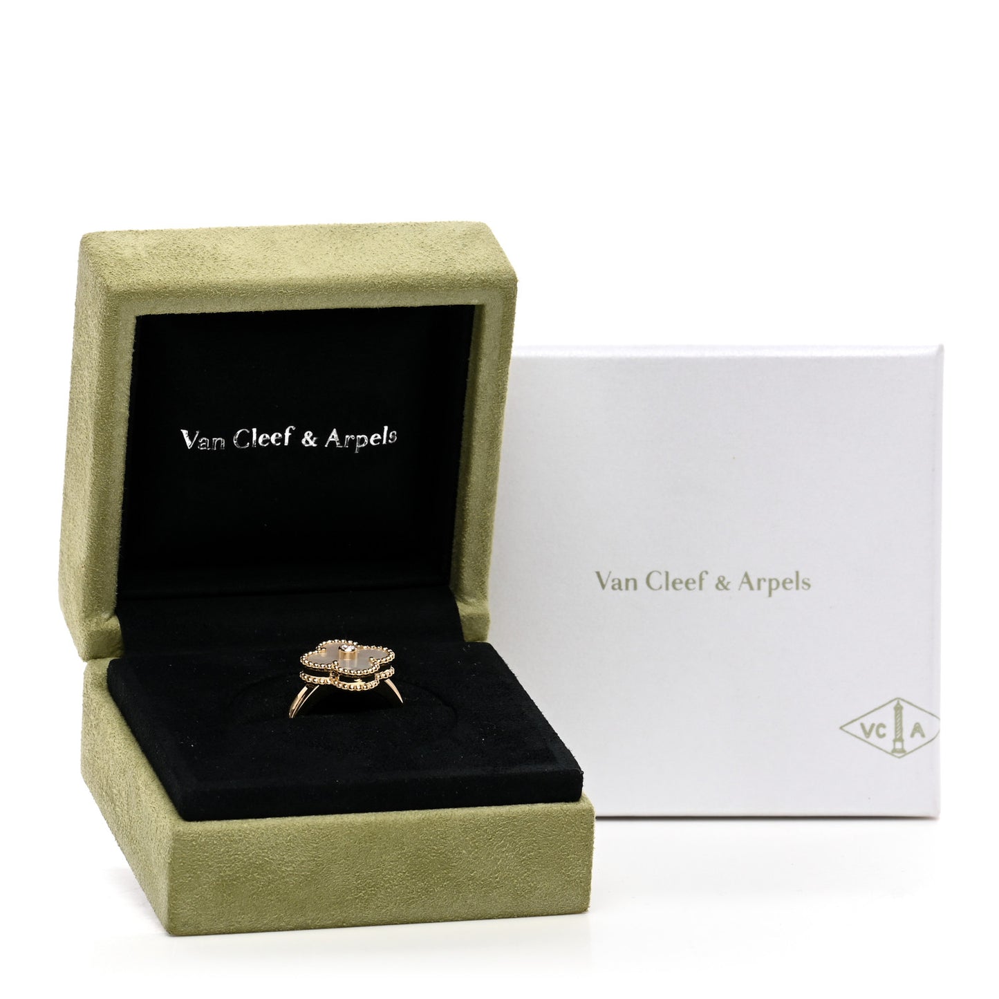 18K Yellow Gold Diamond Mother of Pearl Vintage Alhambra Ring 51 5.75