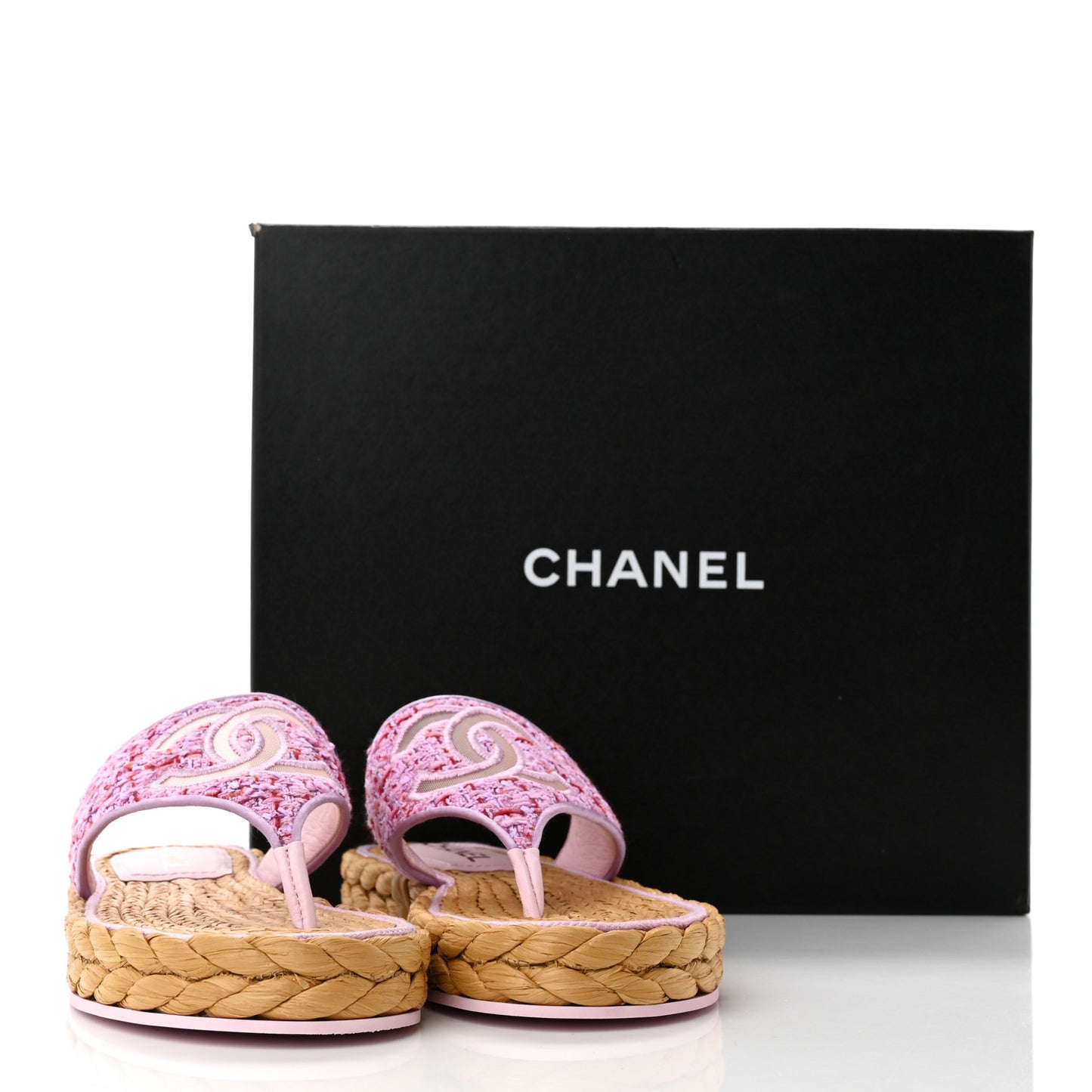 Tweed Mesh Satin CC Thong Sandals 38.5 Light Purple Pink Red