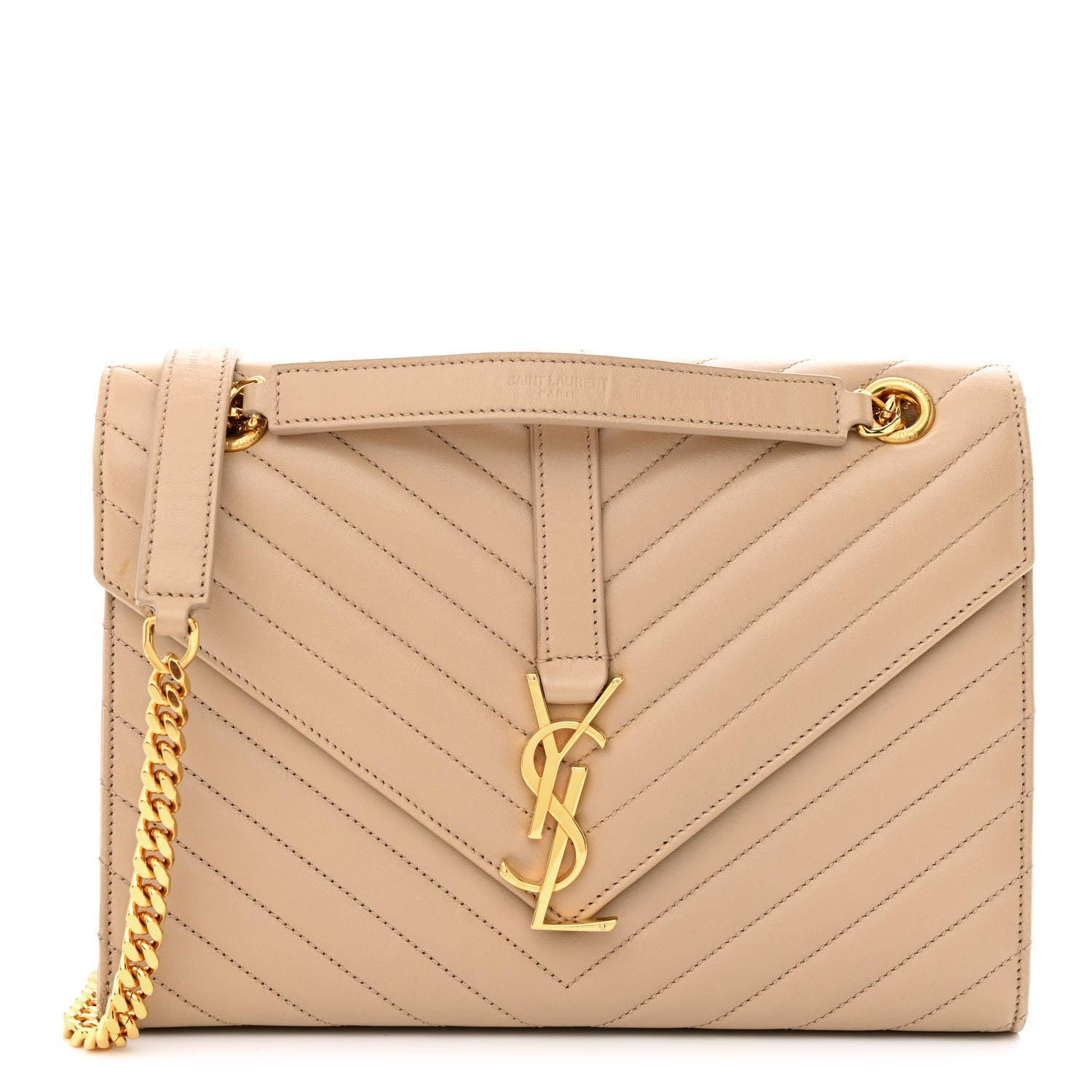 Saint Laurent Lambskin Matelasse Chevron Medium Monogram Satchel Dark Beige 1 of 11