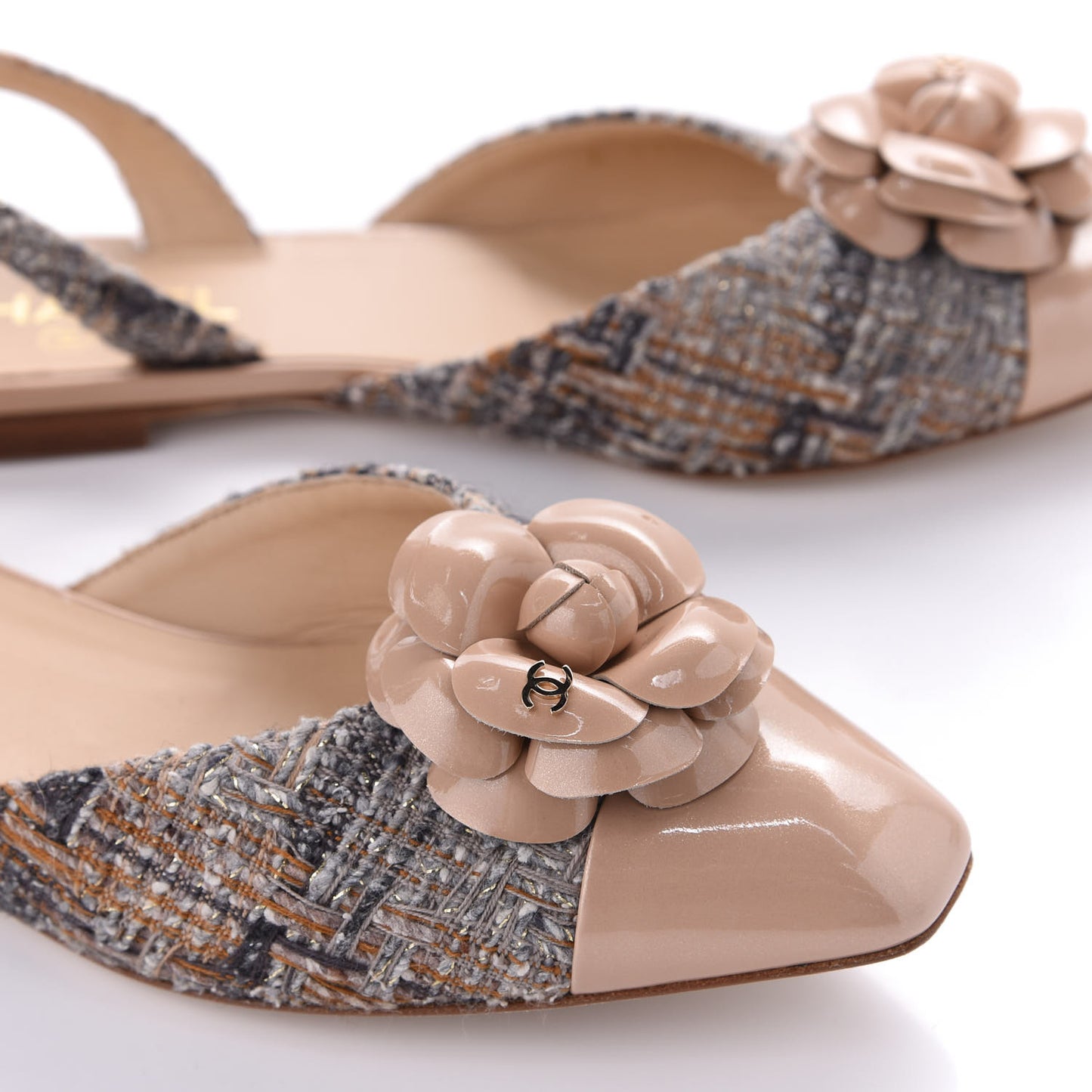 Tweed Patent Camellia Toe CC Slingback Pumps 39.5 Beige Gray
