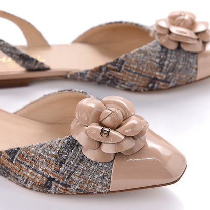 Chanel Tweed Patent Camellia Toe CC Slingback Pumps 39.5 Beige Gray 12 of 13