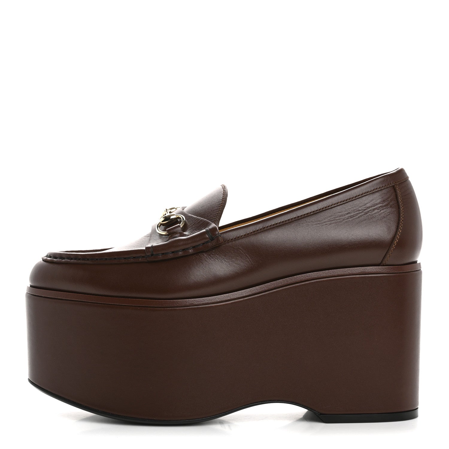 Gucci Ancora Calfskin Womens Horsebit Platform Loafers 37.5 Brown 1 of 13