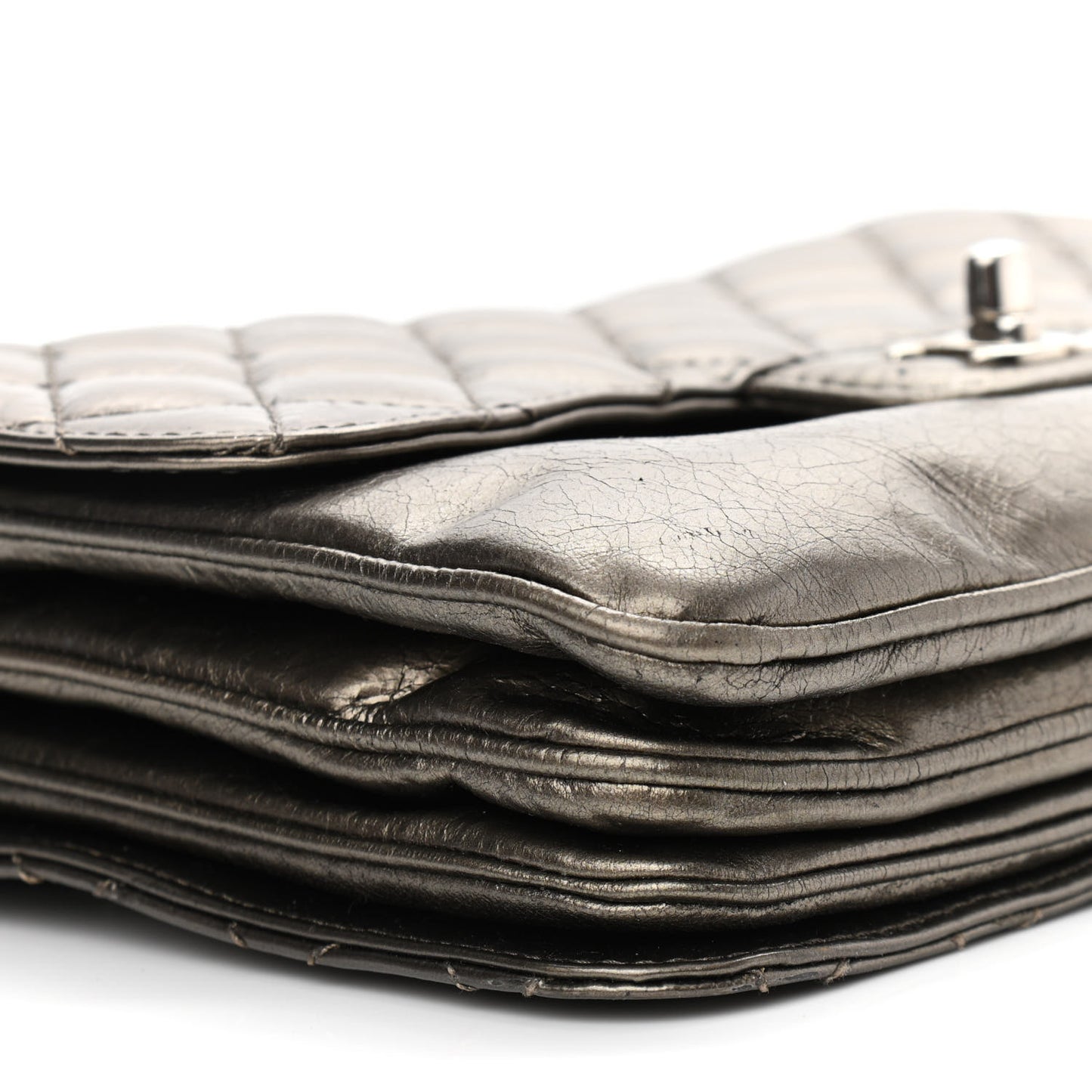 Metallic Crackled Calfskin Medium Clam's Pocket Flap Dark Silver