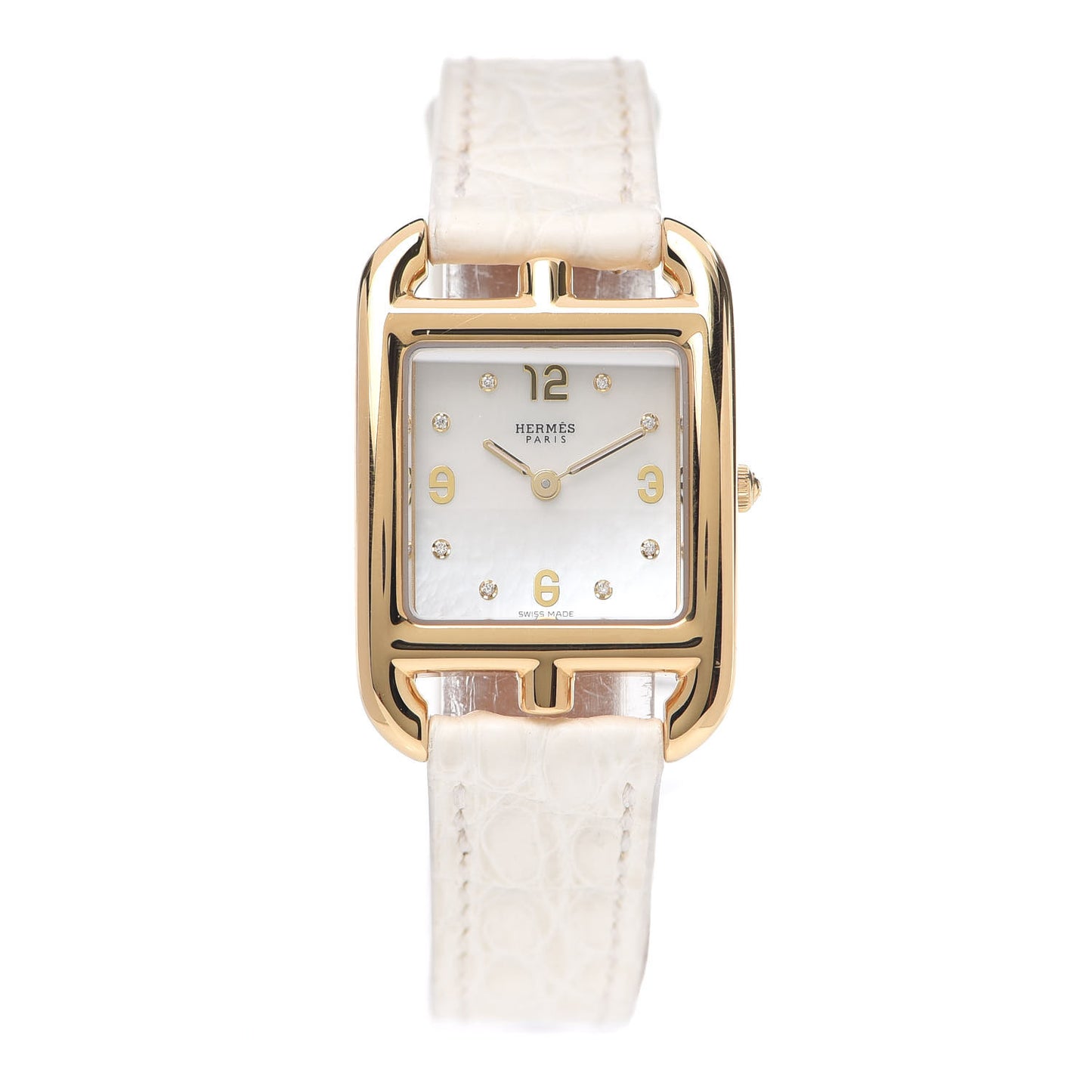 18K Yellow Gold Alligator Diamond Mother of Pearl 23mm Cape Cod Quartz Watch Blanc