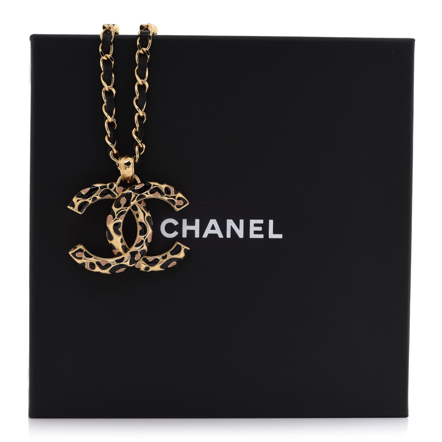 Chanel Metal Calfskin Leopard Print CC Pendant Necklace Gold Black Beige 6 of 6