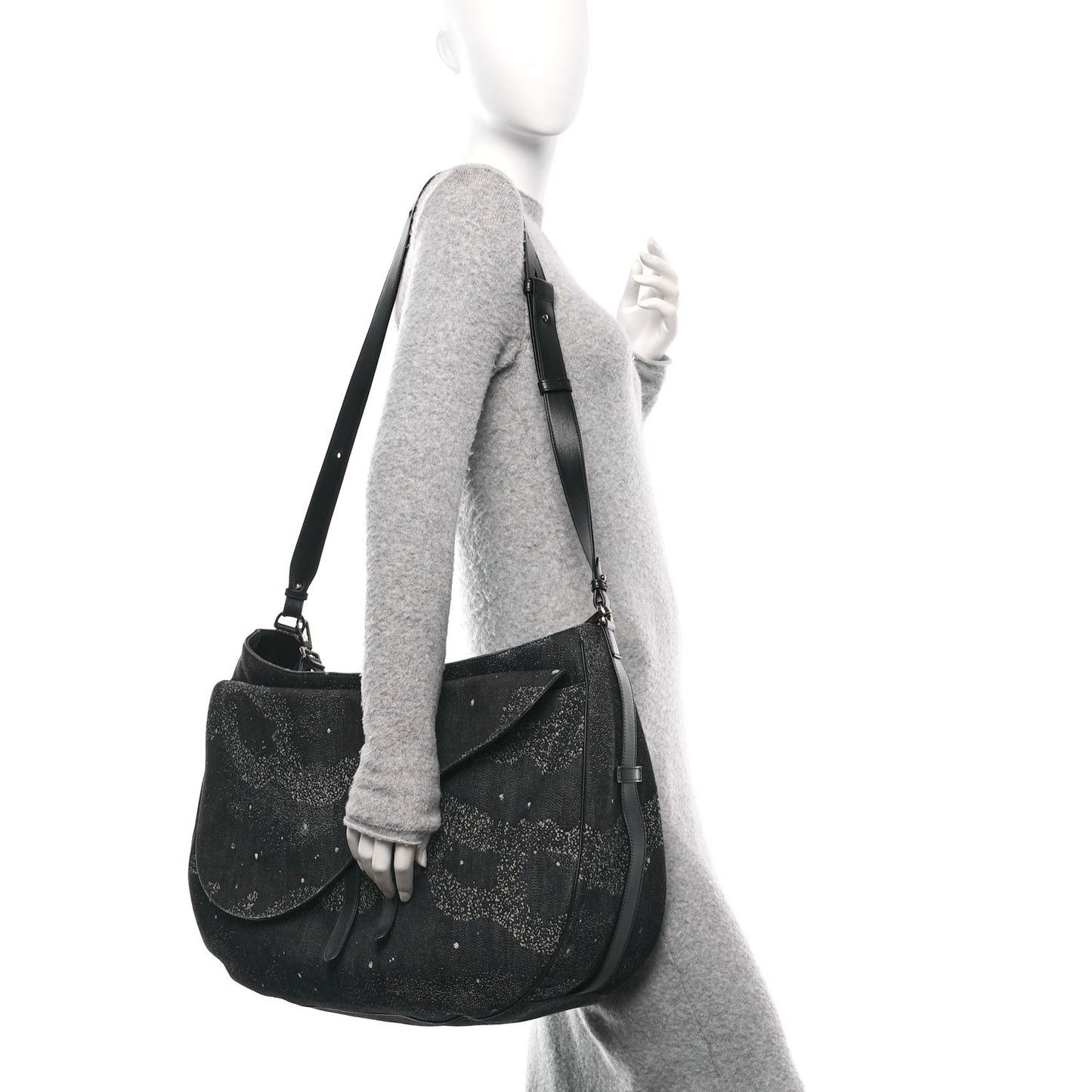 X PETER DOIG Denim Printed Saddle Soft Bag Black Multicolor
