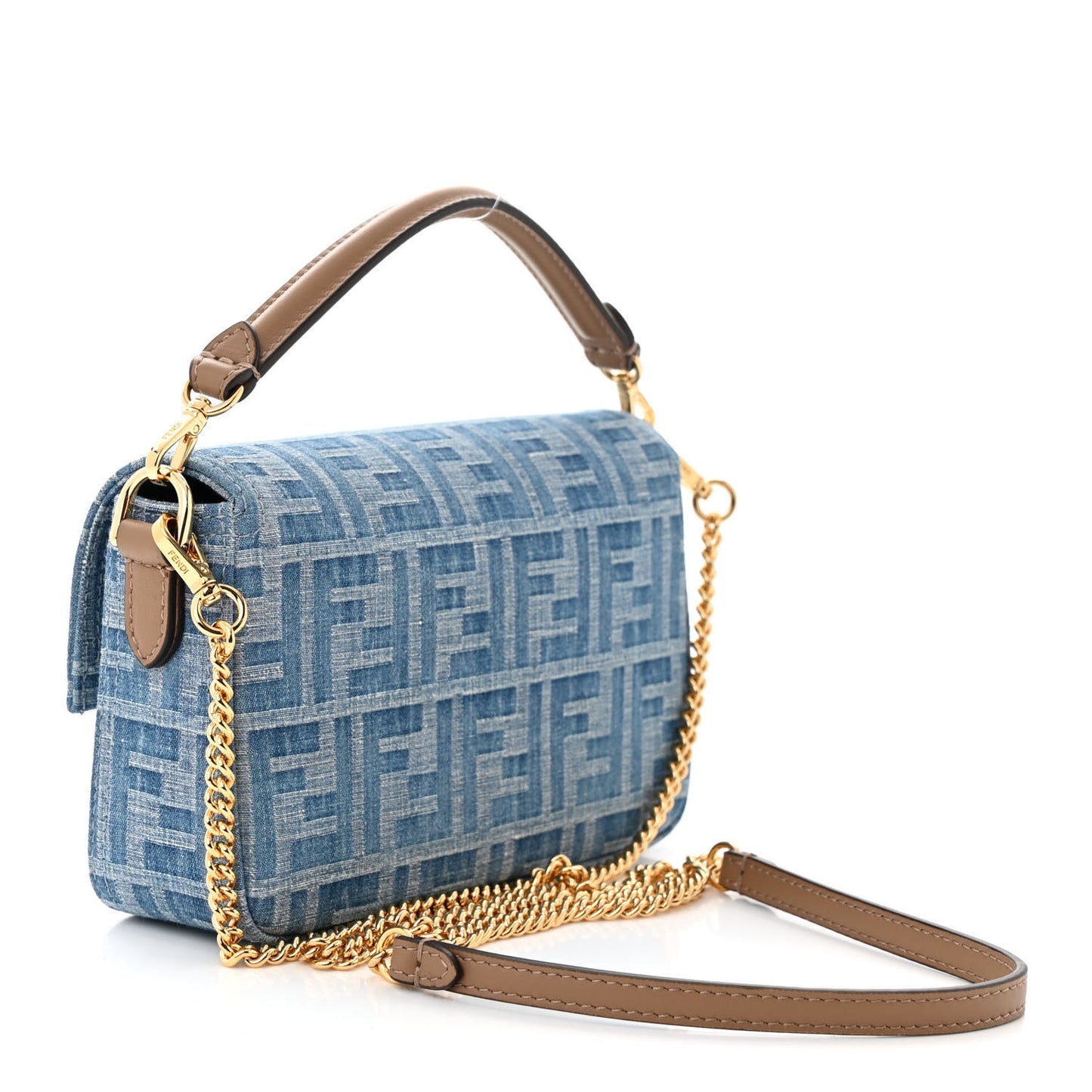 Denim Vitello King F is Fendi FF Embroidered Mini Baguette Denim Sand