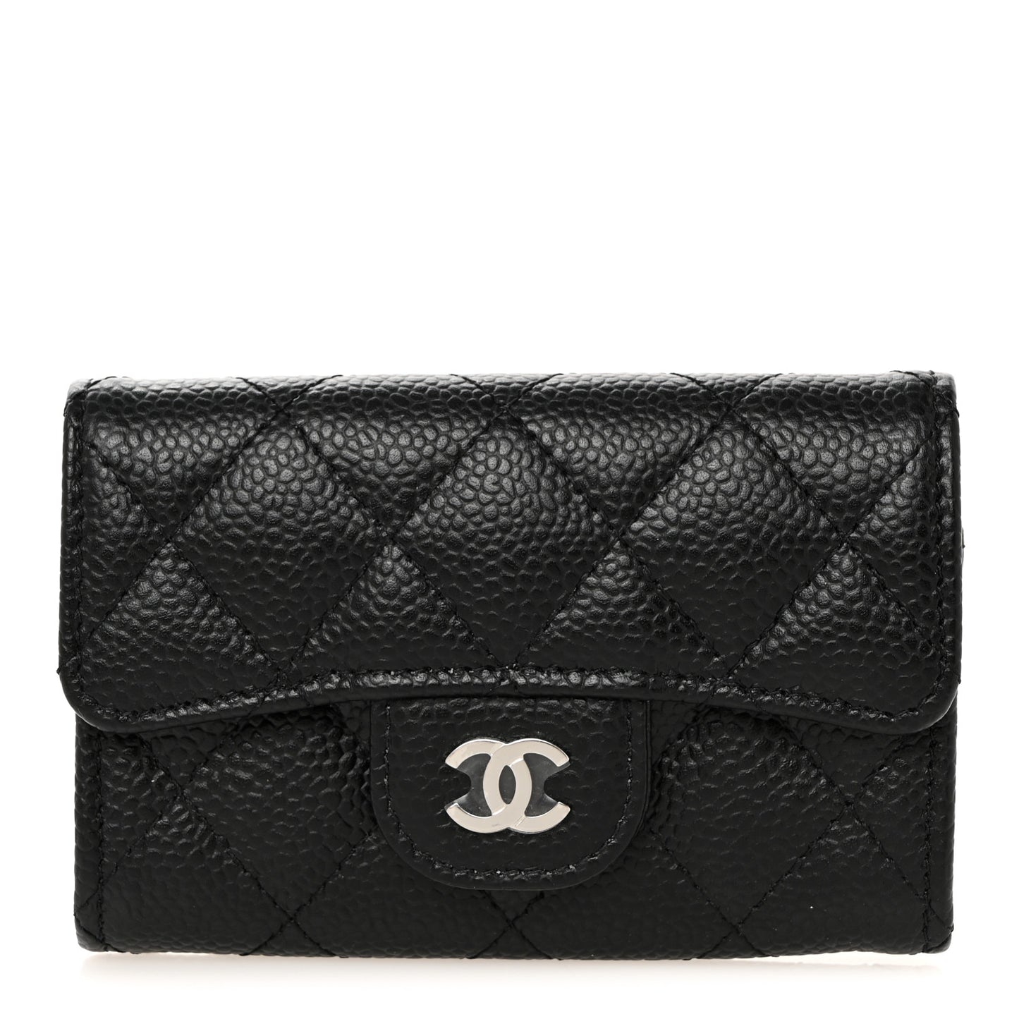 Caviar Quilted Flap Card Holder Wallet Black