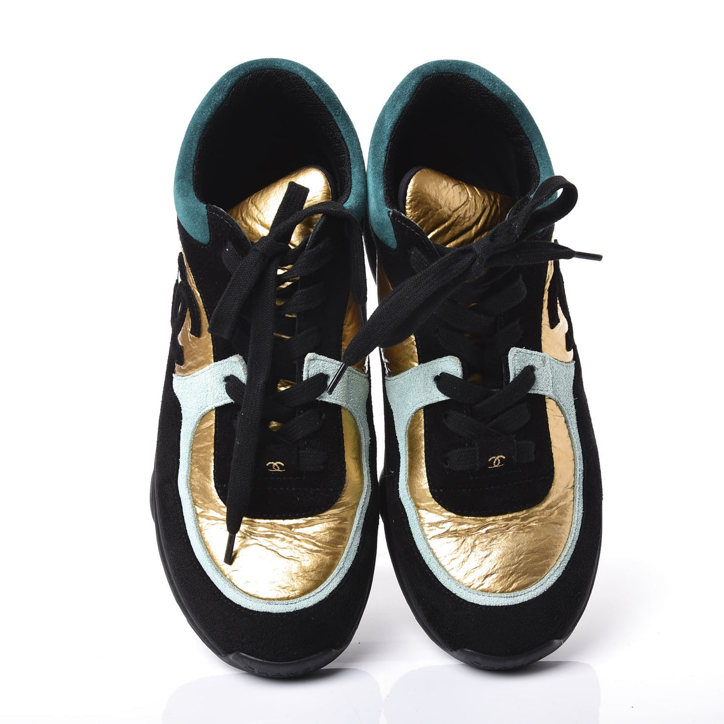 Fabric Calfskin Suede CC Womens Sneakers 38.5 Black Turquoise Gold