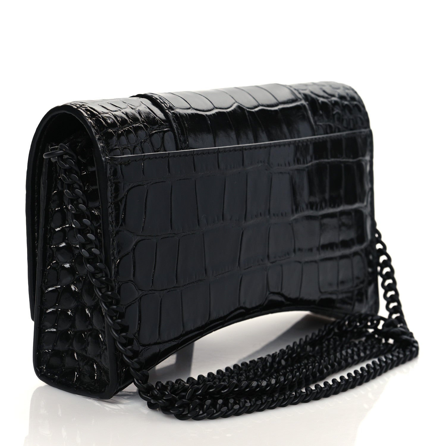 Balenciaga Shiny Calfskin Strass Monochrome Crocodile Embossed Hourglass Chain Bag Black 3 of 9