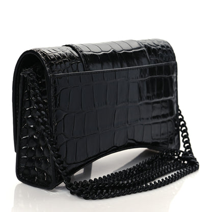 Balenciaga Shiny Calfskin Strass Monochrome Crocodile Embossed Hourglass Chain Bag Black 3 of 9