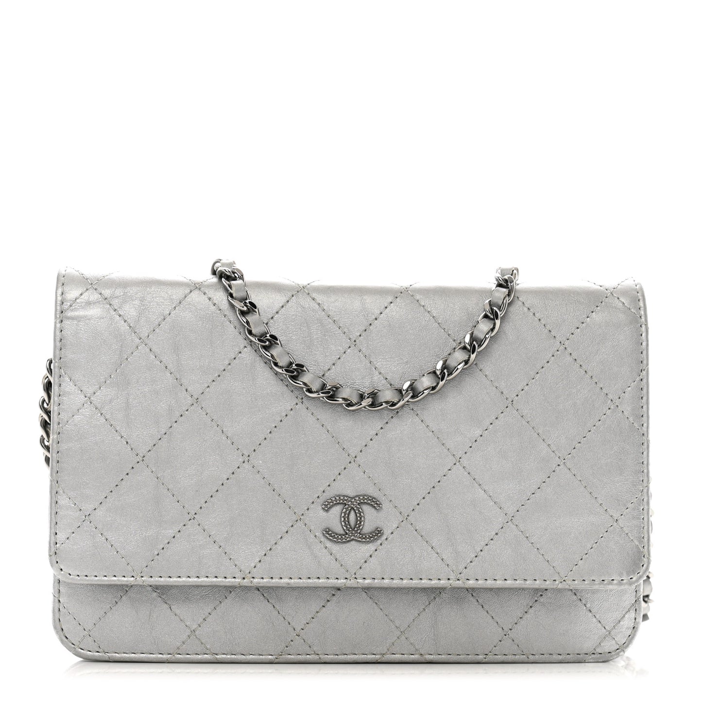 Metallic Aged Calfskin Quilted Wallet on Chain WOC Silver