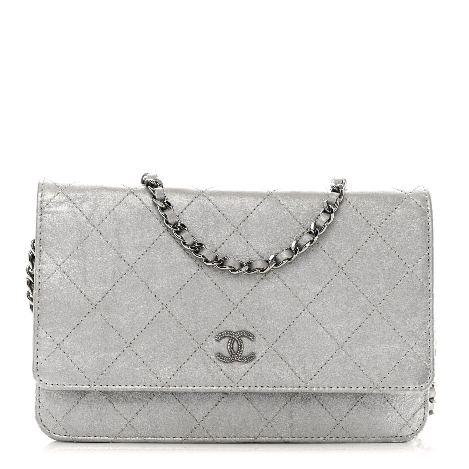 Chanel Metallic Aged Calfskin Quilted Wallet on Chain WOC Silver 1 of 14