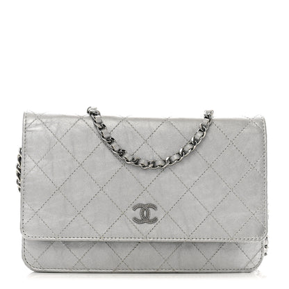 Chanel Metallic Aged Calfskin Quilted Wallet on Chain WOC Silver 1 of 14