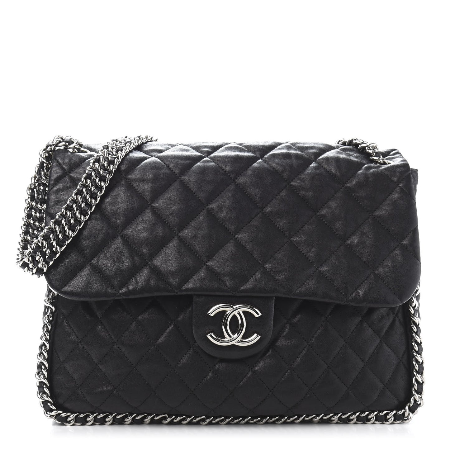 Washed Lambskin Quilted Maxi Chain Around Flap Black