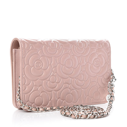 Chanel Goatskin Camellia Embossed Wallet On Chain WOC Light Pink 3 of 10
