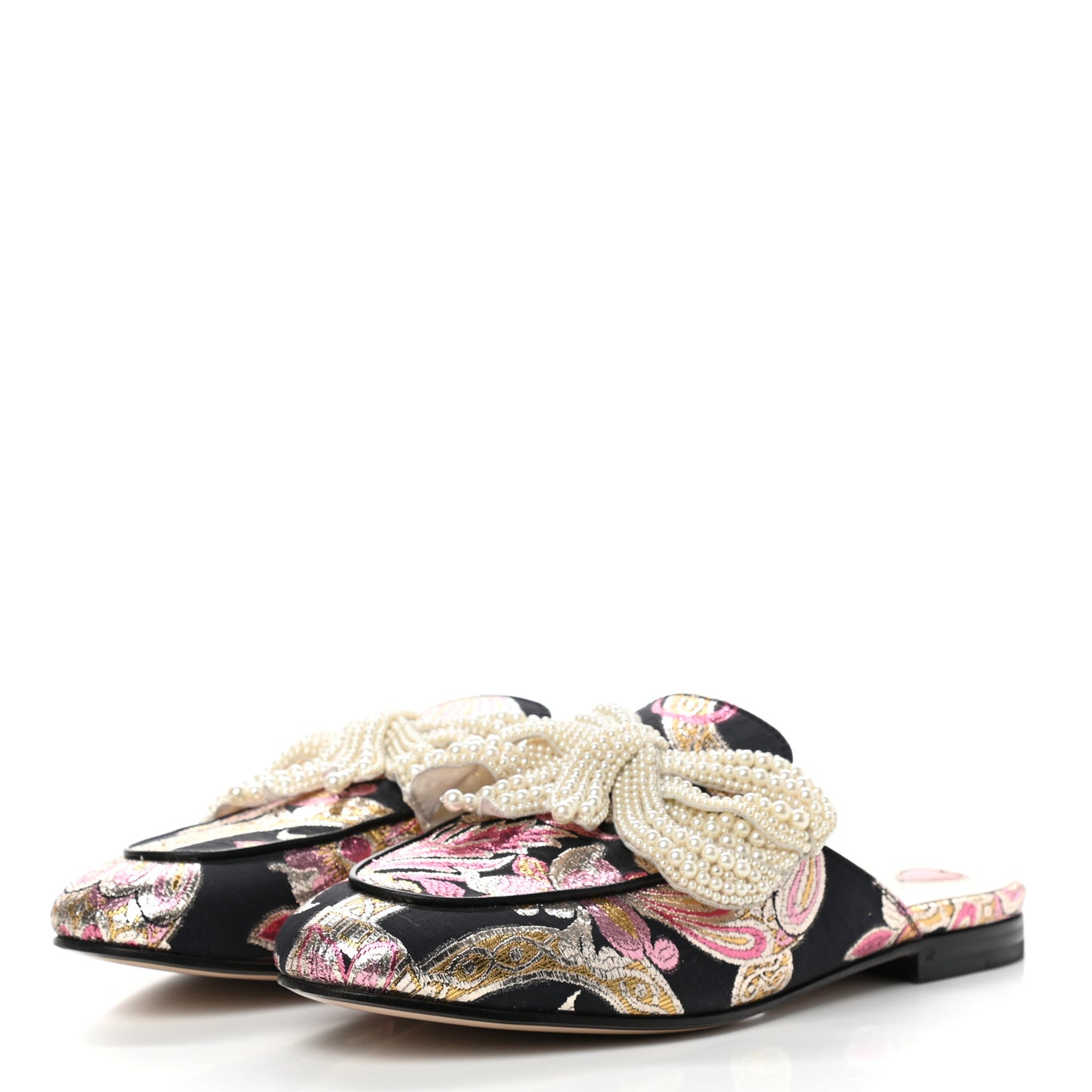Iridescent Brocade Pearl Bow Womens Princetown Slippers 39 Black Pink