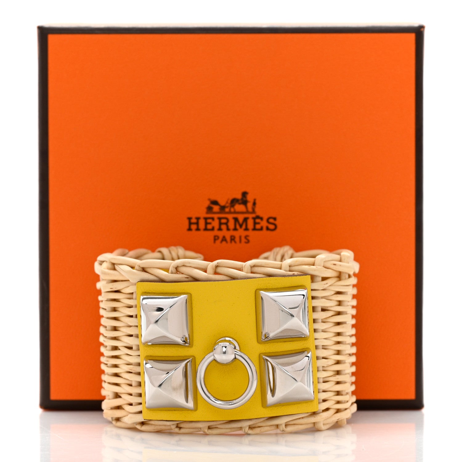 Hermes Wicker Barenia Medor Picnic Cuff Bracelet T2 Jaune de Naples 7 of 7