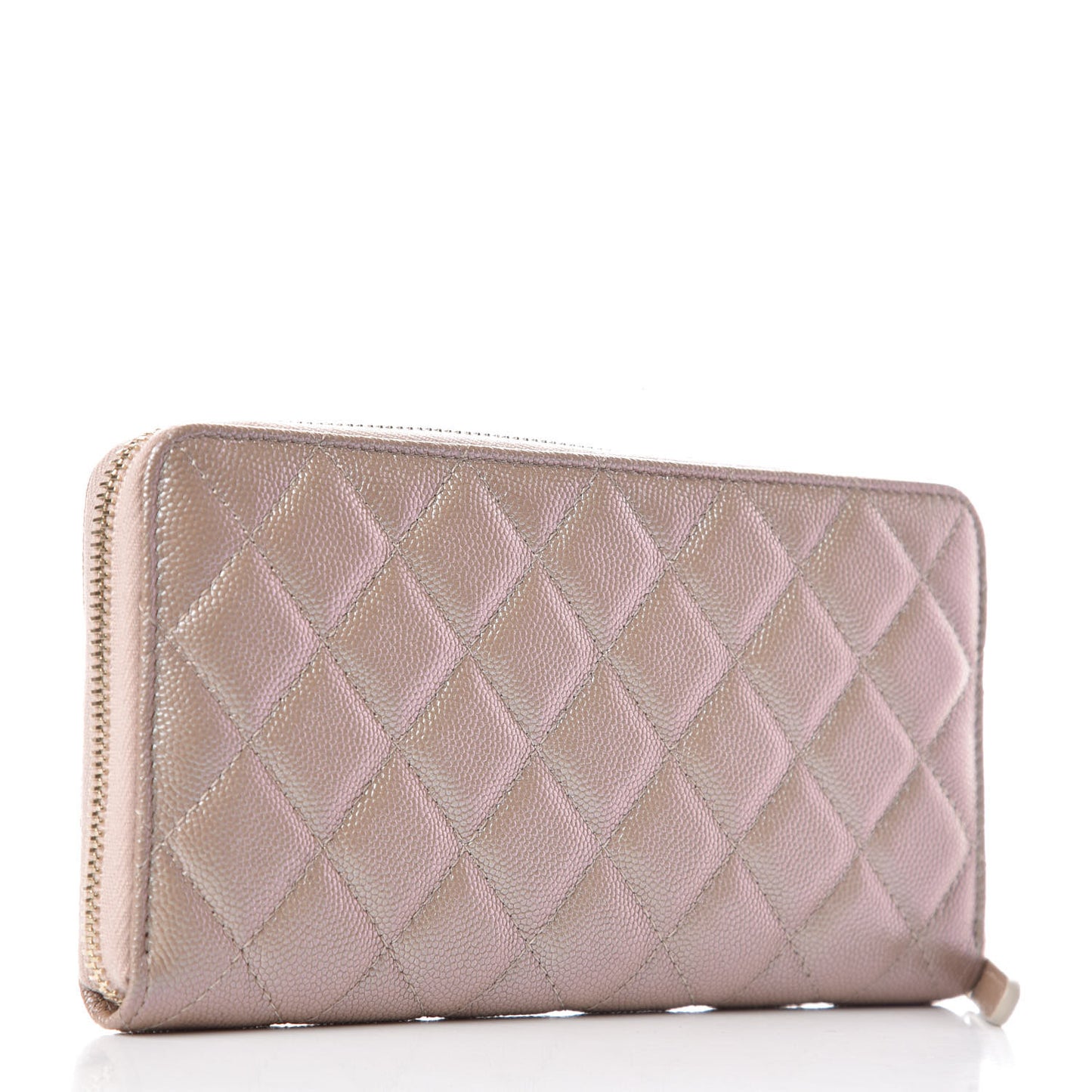 Iridescent Caviar Quilted Long Zip Around Wallet Beige