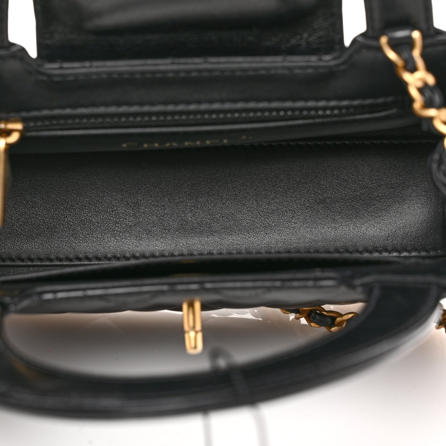 Shiny Aged Calfskin Quilted Nano Kelly Shopper Black