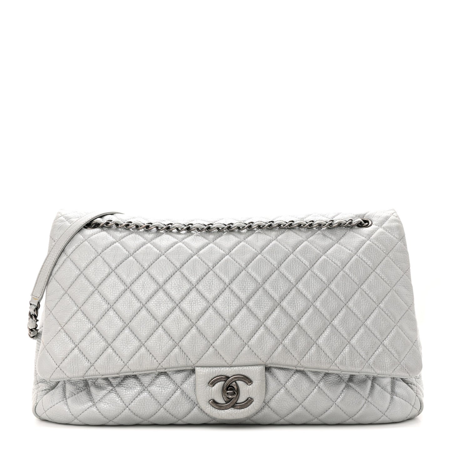 Metallic Calfskin Quilted XXL Travel Flap Bag Silver